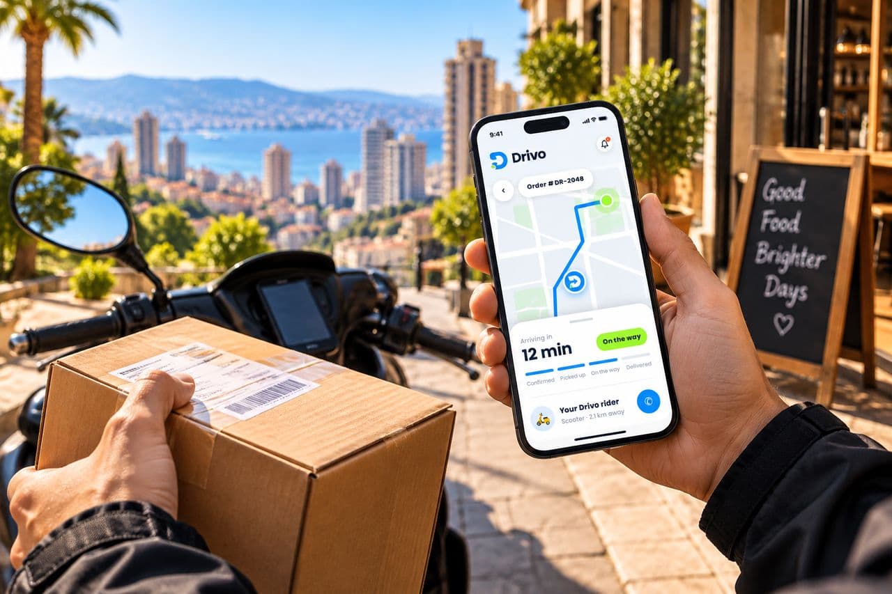 A Drivo driver handing a parcel to a café owner