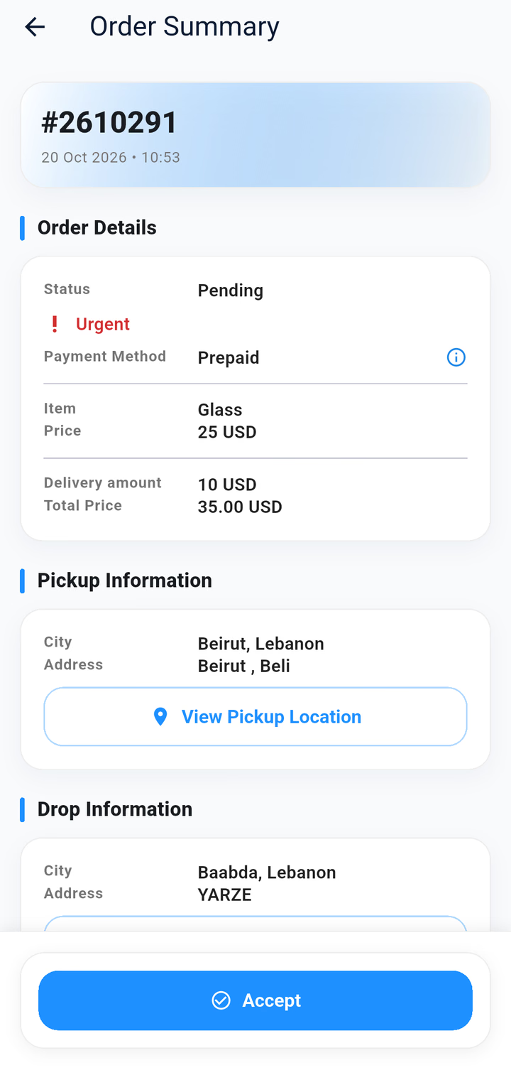 Request details with the pickup, destination and offered price