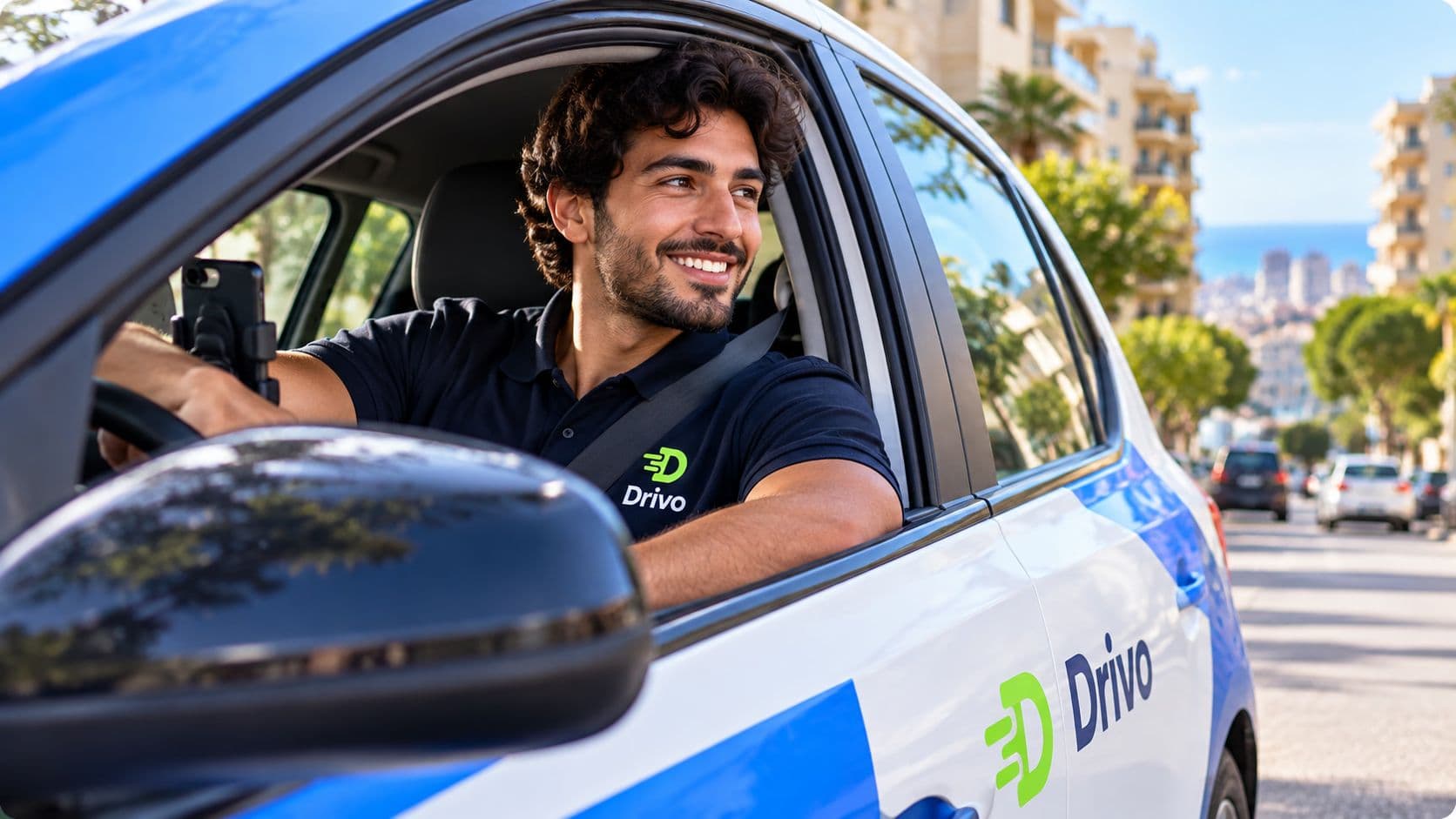 A smiling Drivo driver at the wheel of a car in Beirut