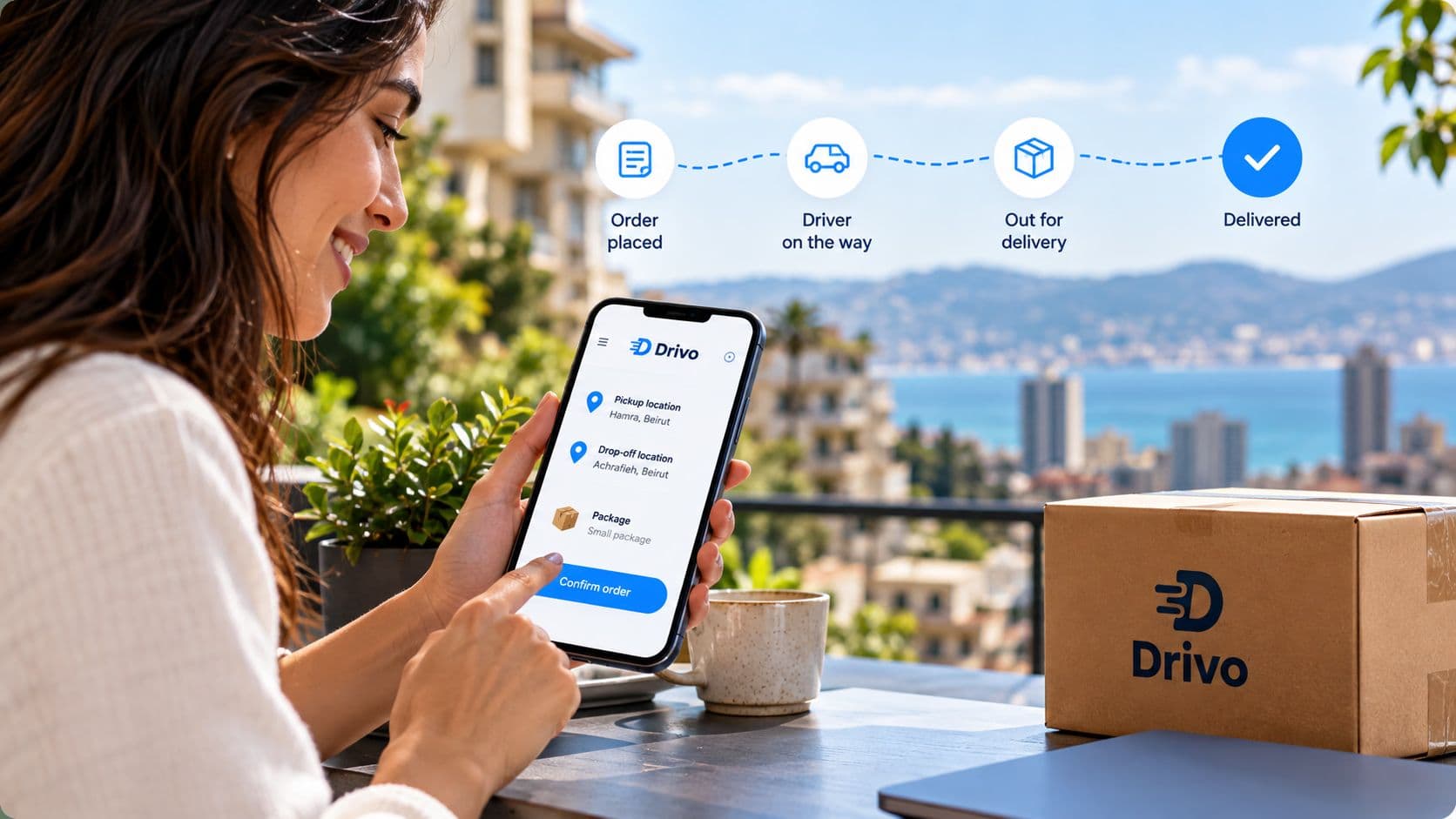 A woman confirming a delivery order in the Drivo app on a Beirut balcony