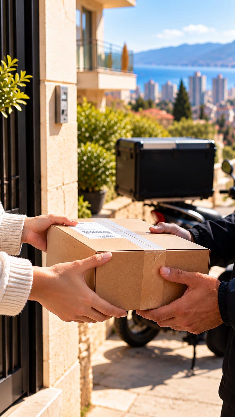 A sender receiving a parcel from a delivery rider at the door, with Beirut behind