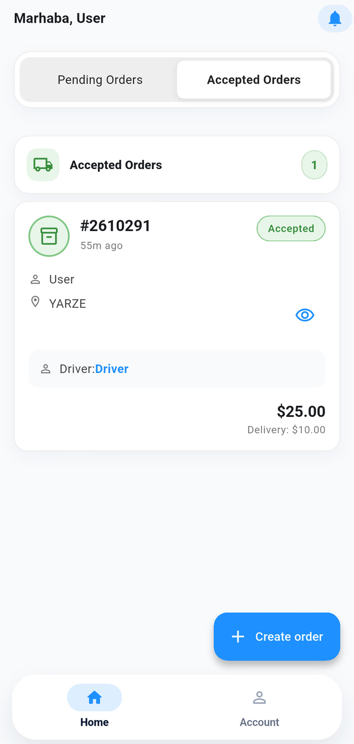 Accepted orders on the sender home screen