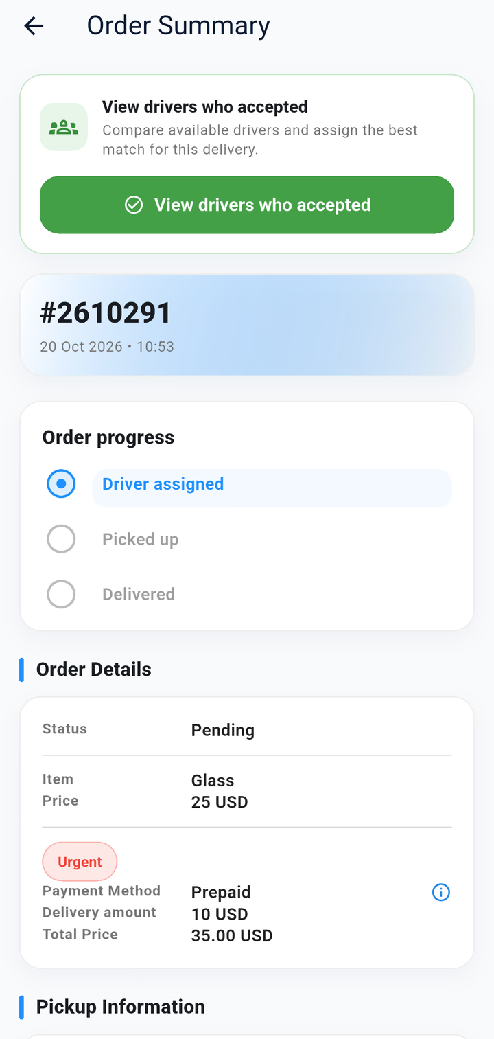 Order summary with its progress: driver assigned, picked up, delivered