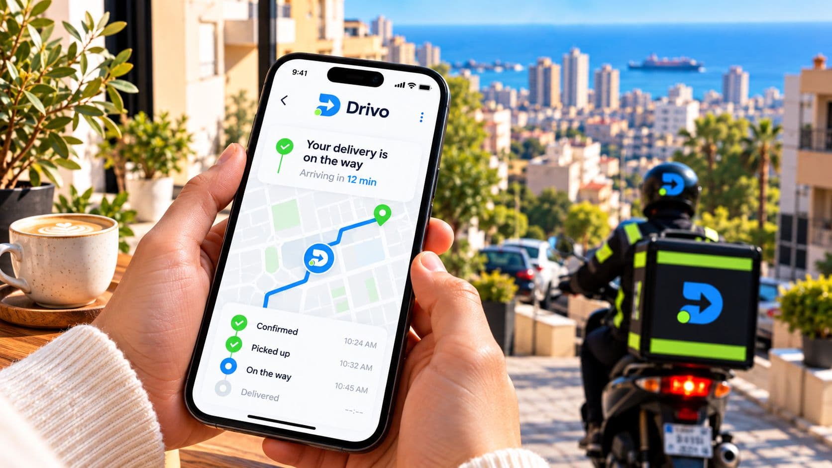 A phone showing a Drivo delivery in progress as the rider heads out