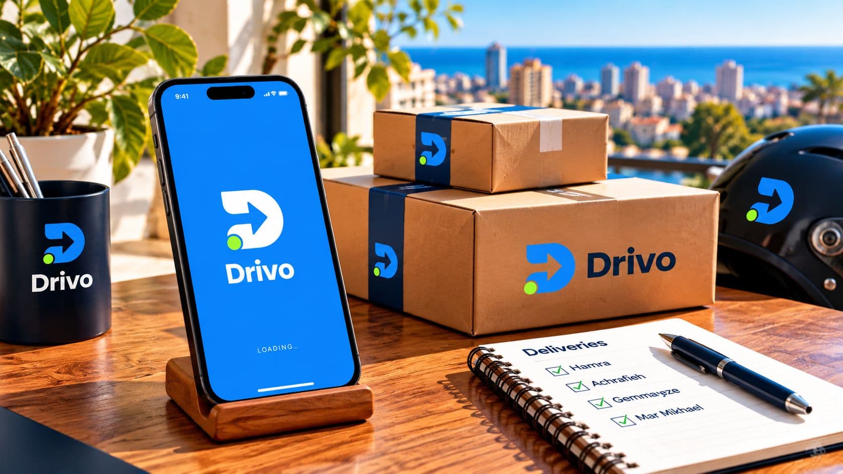 A phone showing the Drivo deliveries list beside branded parcels