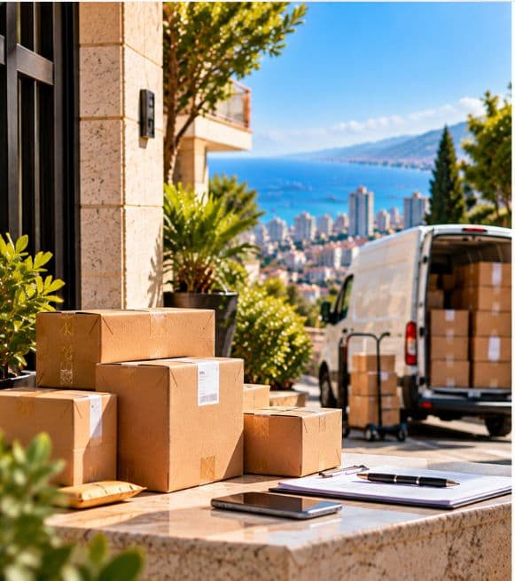 Parcels ready for pickup outside a Beirut building, with a delivery van waiting